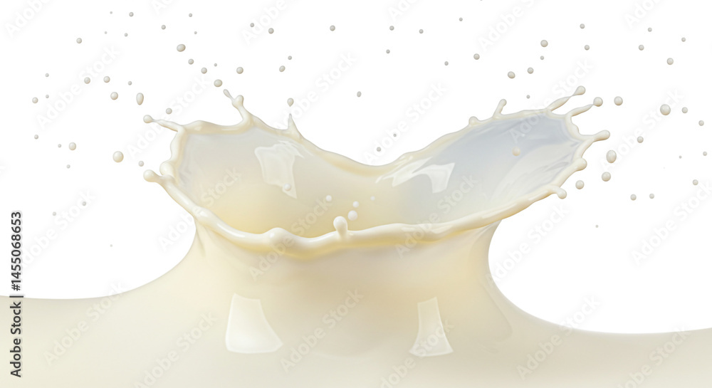 Poster a dynamic splash of creamy milk creating a crown shape with droplets against a white background