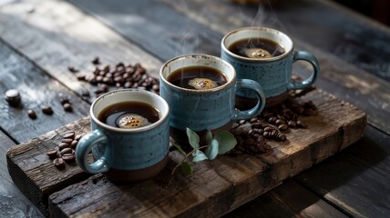 Three teal coffee mugs with beans and eucalyptus on rustic wooden board