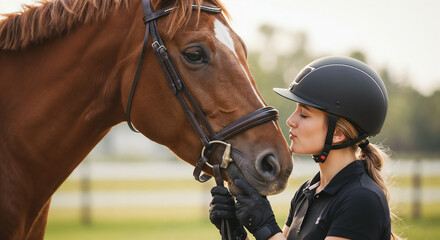 A woman wearing equestrian gear shares a warm moment while connecting with her horse outdoors, showing love and companionship. The scene showcases a close bond between human and animal.

