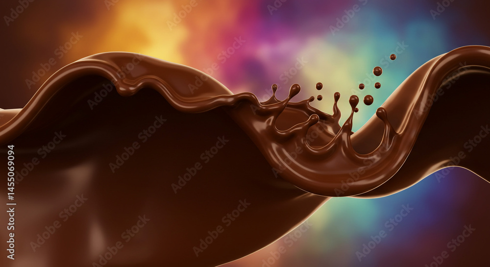 Poster chocolate splash with droplets against a colorful blurred background in a dynamic composition