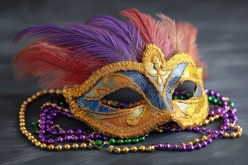 Colorful masquerade mask with vibrant feathers and beads.