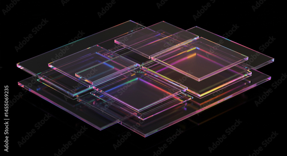 Poster Stacked transparent squares with iridescent edges on a black background create abstract art
