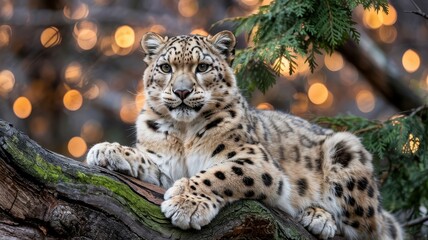 Obraz premium Snow leopard on textured branch with amber eyes and bokeh lights behind