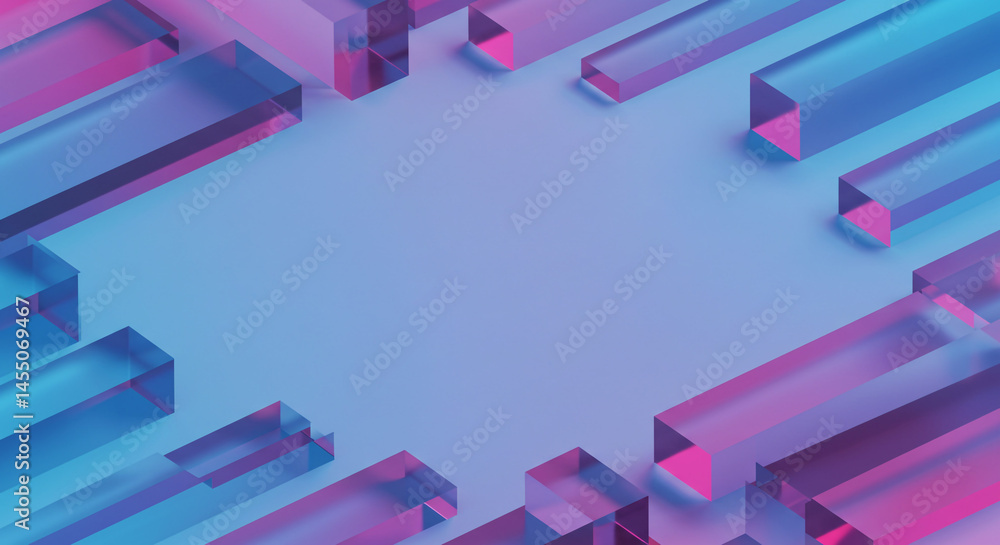 Poster a frame of translucent rectangular prisms with pink and blue hues on a gradient blue background