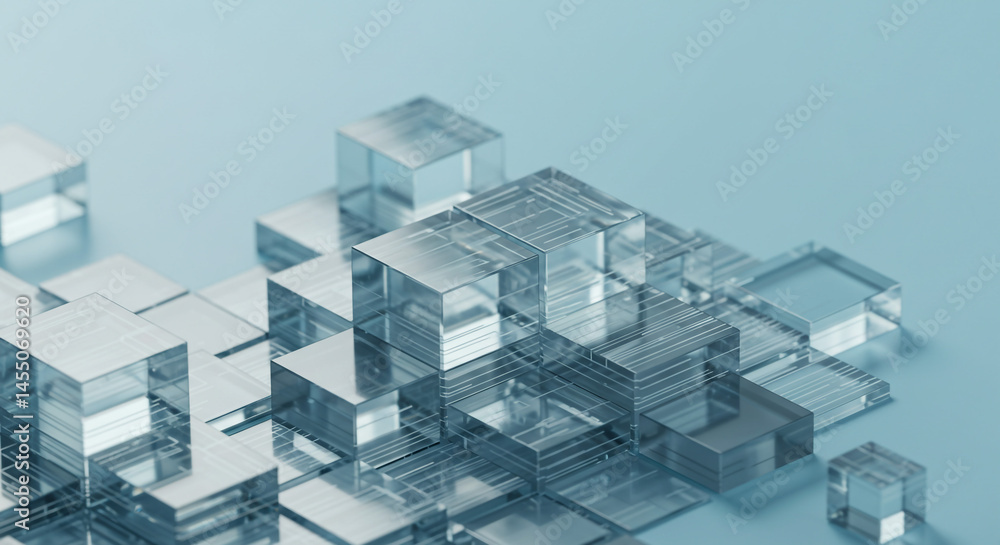 Poster a close up shot of a collection of translucent cubes arranged on a blue surface in a geometric patte