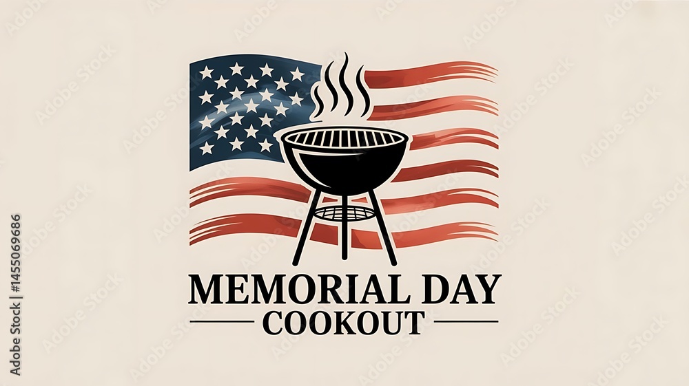 Poster banner with a flat icon of a bbq grill emitting steam, layered over a subtle waving u.s. flag in the