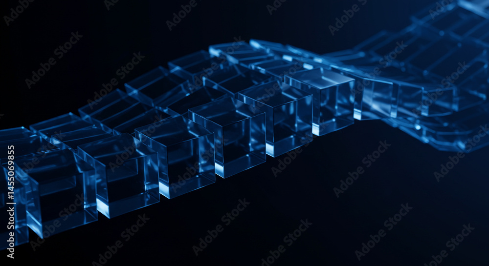 Poster abstract arrangement of translucent blue cubes forming a wave on a dark background forming a pattern