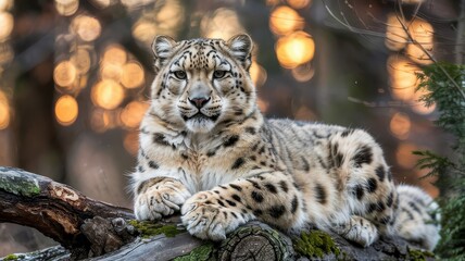 Obraz premium Snow leopard on mossy branch surrounded by golden forest light and trees