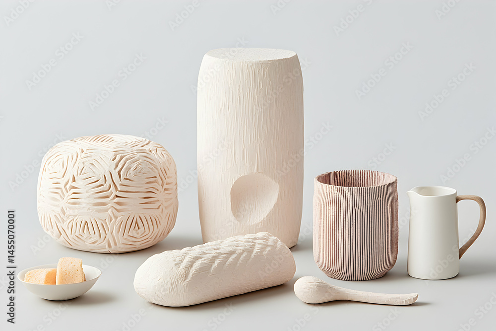 Poster minimalist ceramic objects showcase textures and forms. perfect for a calm decor aesthetic or a crea