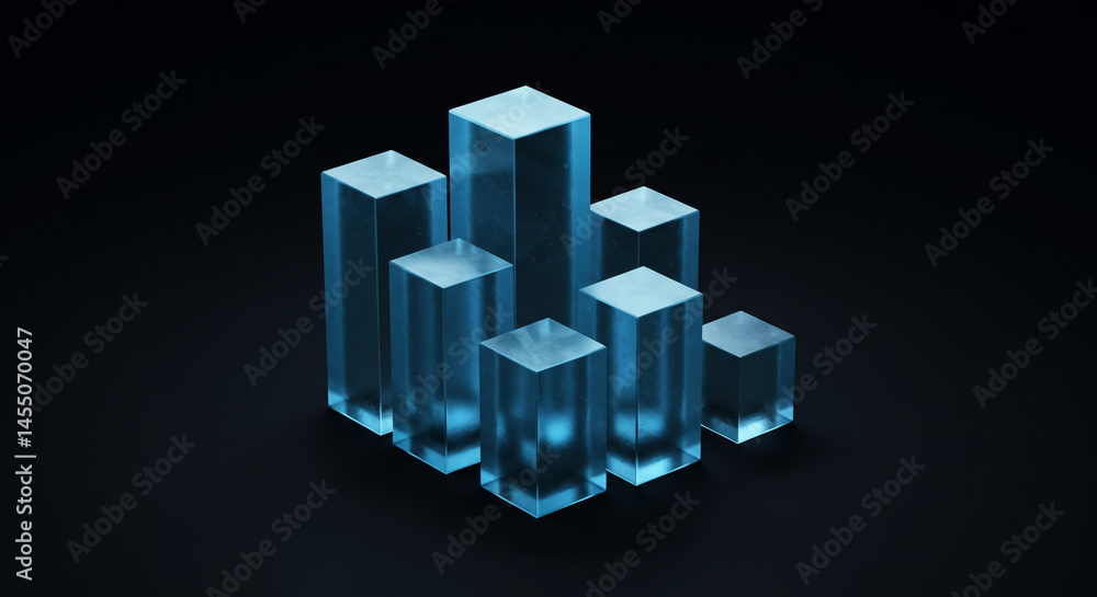 Poster abstract arrangement of translucent blue rectangular prisms on a dark background surface