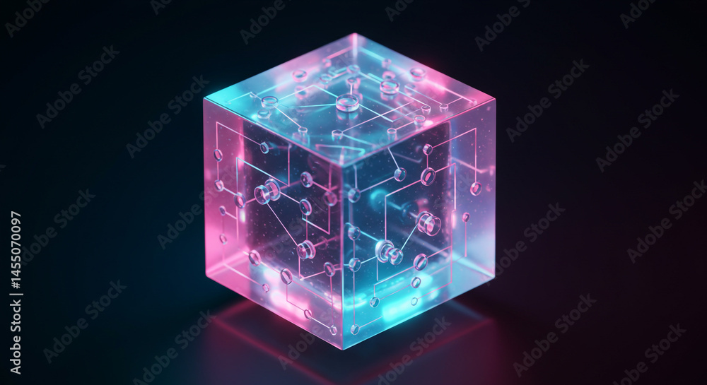 Poster a translucent cube with internal circuit like design illuminated in pink and blue on a dark backgrou