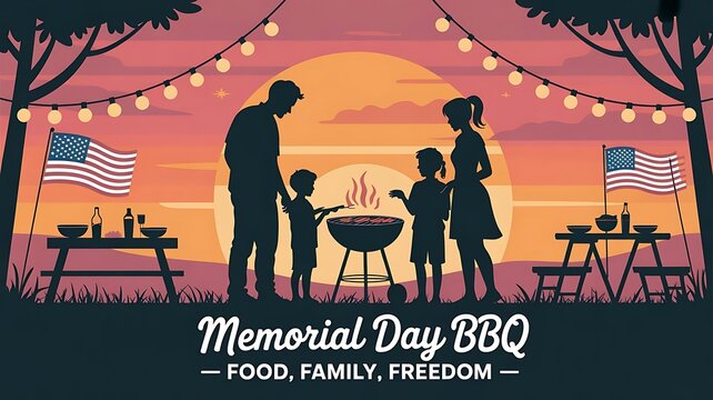 illustration in silhouette style showing a family at a BBQ during sunset with flags and string lights Memorial Day BBQ &ndash; Food, memorial day banner for web template created with generative ai