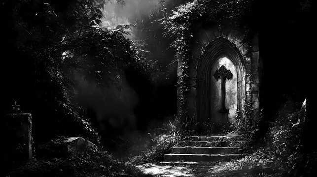 A disused chapel engulfed by creeping vines, its altar obscured by shadows. [Hollow Monoliths] | Forgotten Altars | erased worship. Illustration
