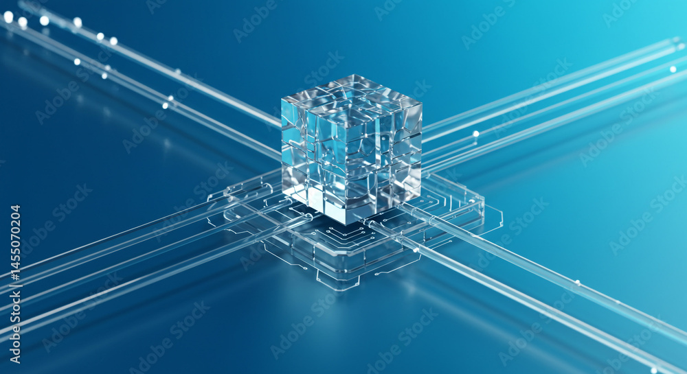 Poster abstract representation of a transparent cube connected to circuits on a blue gradient background