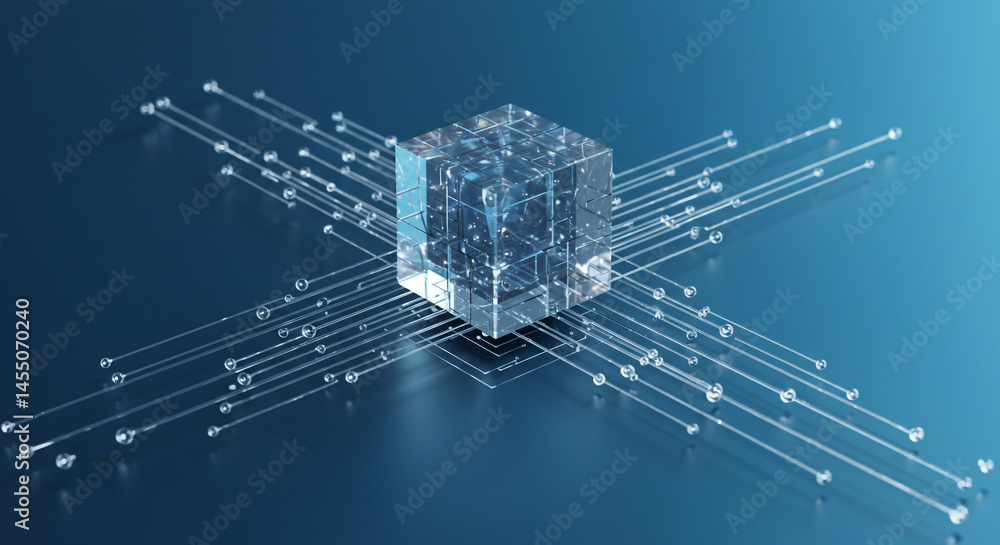 Poster a transparent cube with internal structure connected to lines on a blue reflective surface