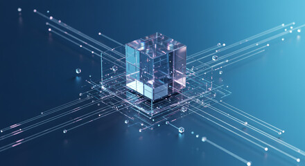 A transparent cube with internal structure and lines on a blue background with small spheres