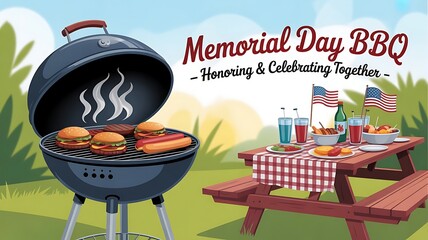 Memorial Day backyard BBQ with a grill, American flags, and picnic table banner for website header created with generative ai