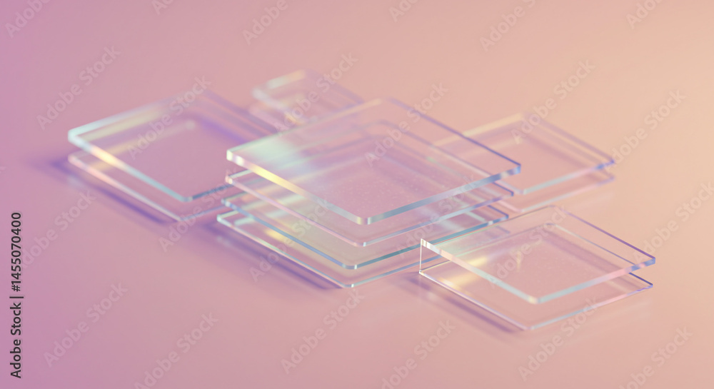 Poster Stacked transparent glass squares on a soft pink background creating a minimalist composition view