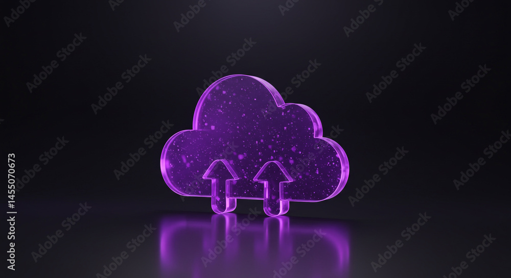 Aufkleber purple cloud icon with two upward arrows on a dark background with reflection effect studio shot