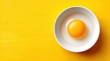   An egg sits in a white bowl on a yellow tabletop with a shadow of the egg cast onto the bowl