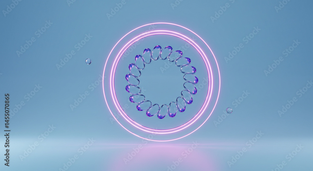 Poster abstract design with a circular arrangement of objects and pink neon rings on a blue background