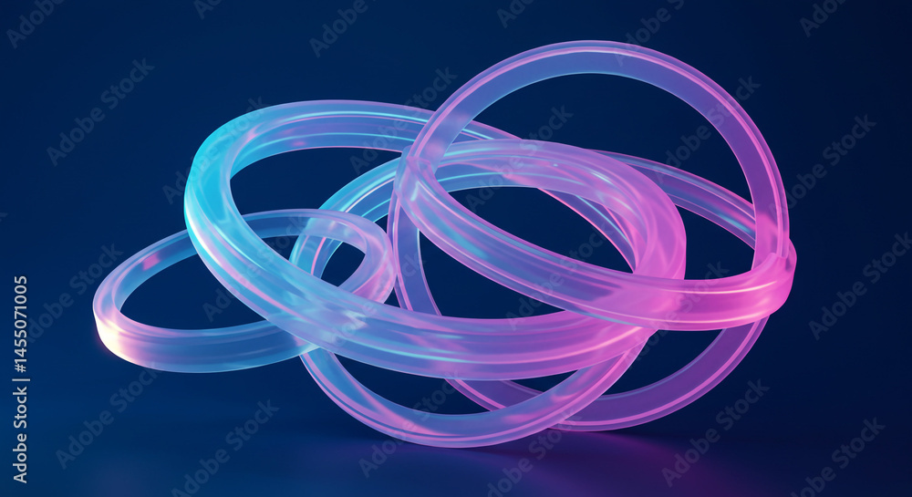 Poster abstract rendering of intertwined translucent rings with pink and blue gradient lighting