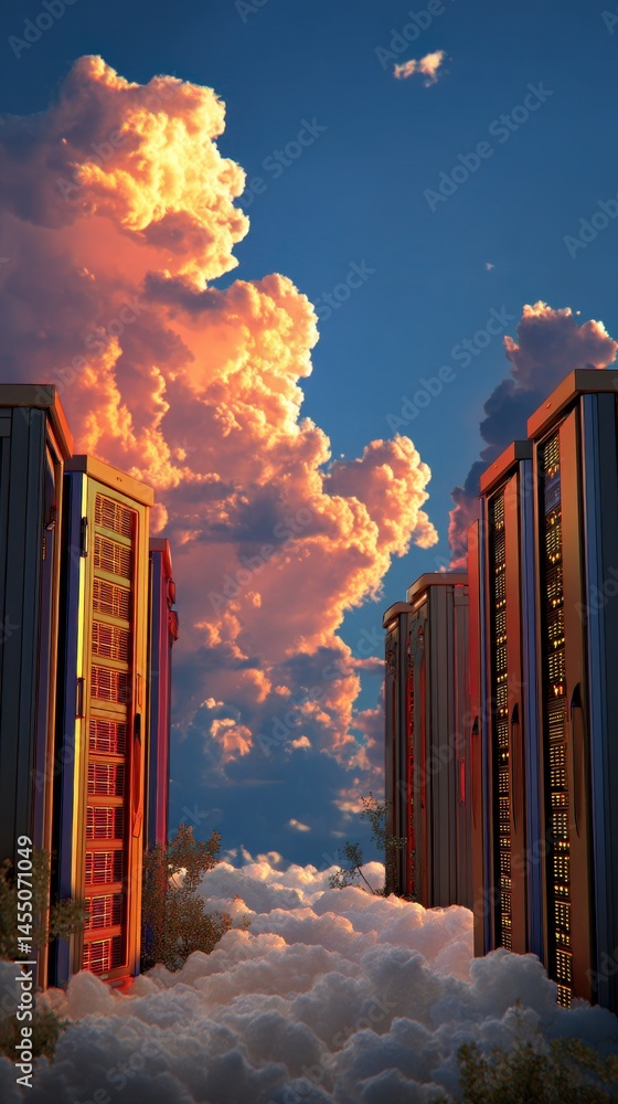 Poster data center servers rising above a cloudscape with the evening light illuminating the sky and horizo