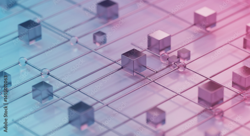 Poster abstract network of metal lines and cubes with a gradient background in blue and pink colors