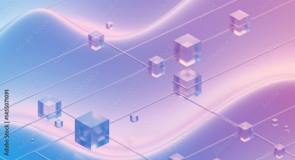 Poster Abstract pastel background with translucent cubes connected by thin lines and wavy gradient