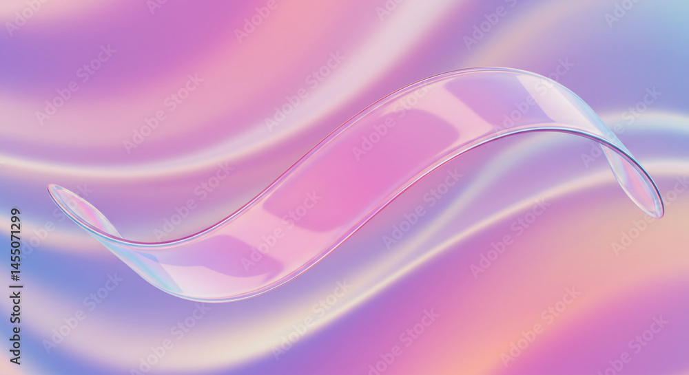 Poster Iridescent ribbon floating against a soft pastel colored gradient background with flowing lines