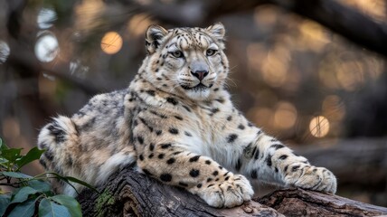 Obraz premium Snow leopard lying calmly on branch in golden light forest setting
