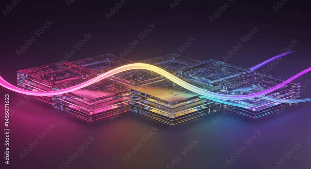 Poster abstract glowing light waves over layered transparent square platforms on dark background