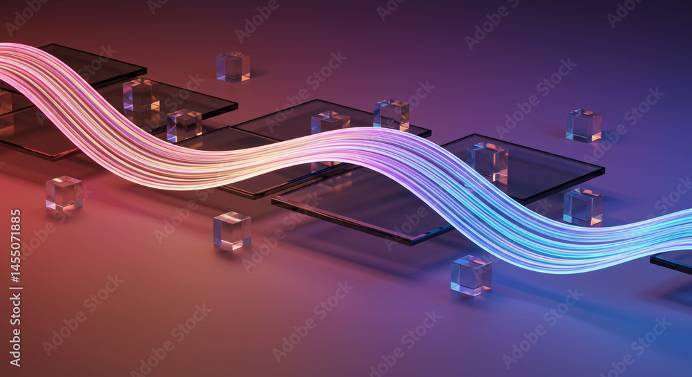 Poster illuminated strands flowing over glass squares and cubes on a gradient background surface