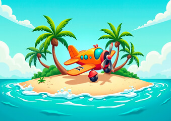 cartoon airplane flies over island with palm trees