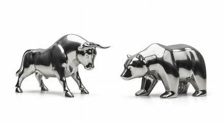 Silver bull and bear statues representing financial markets' bulls and bears metaphor. Ideal for investment or business-related conceptual use, symbolizing competition and market dynamics.

