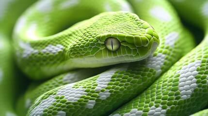 Obraz premium A mesmerizing close-up shot of a vibrant green snake showcasing its intricate patterns.
