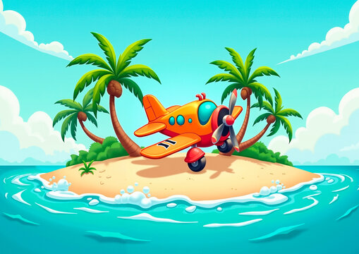 cartoon airplane flies over island with palm trees
