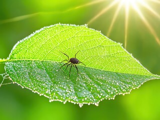 Fototapeta premium Small Spider on Dew Covered Green Leaf in Sunlight