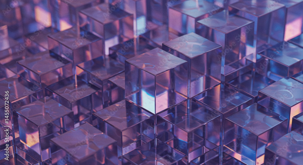 Poster Abstract arrangement of translucent cubes with purple and blue reflections creating a geometric pattern