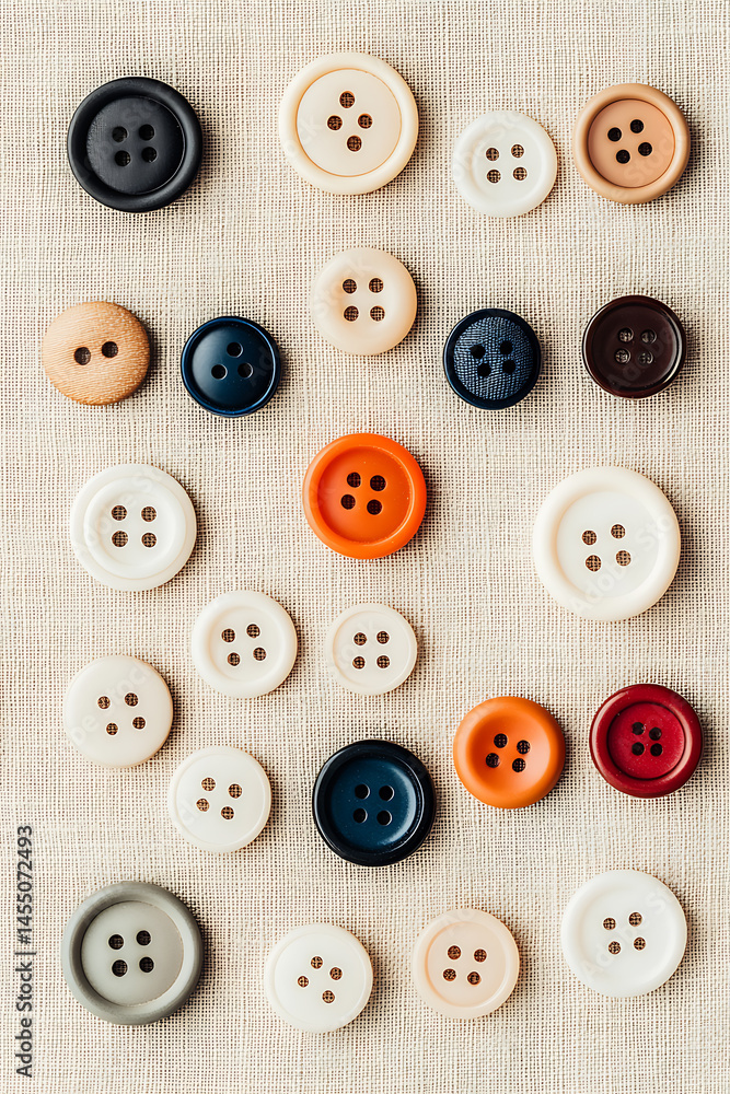 Poster colorful buttons on fabric: a collection of assorted buttons in various sizes and colors arranged on