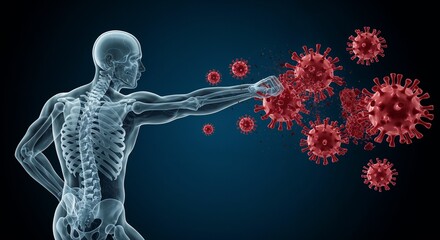 Visual representation of the human immune system combating viruses, symbolizing health and biological defense mechanisms.

