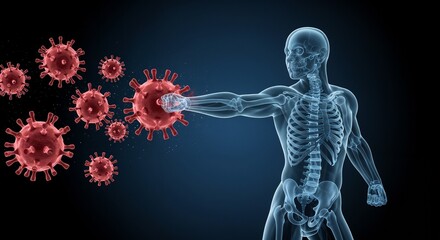 Visual representation of the human immune system combating viruses, symbolizing health and biological defense mechanisms.

