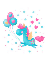 Adorable cartoon illustration of a flying unicorn with balloons. Kid’s room, party invitations, nursery decor, birthday cards design 