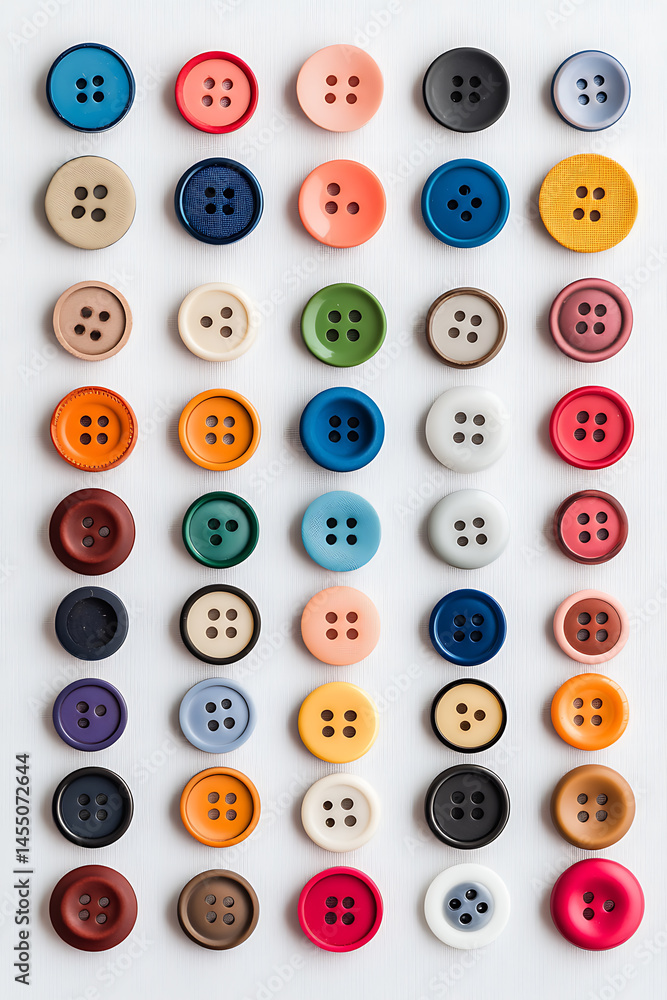 Poster assortment of colorful buttons arranged in a grid pattern. each button has two to four holes for sew