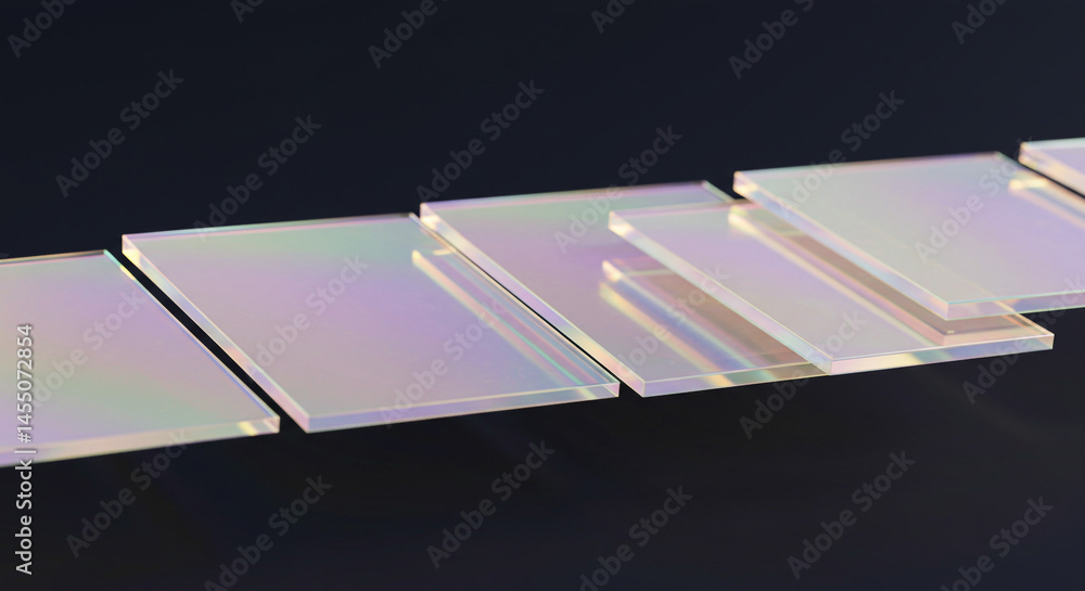 Poster Arrangement of iridescent rectangular tiles on a dark surface with a subtle gradient effect present