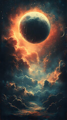 Fototapeta premium Ethereal cosmic landscape featuring a large, dark planet partially eclipsed by a fiery ring, set against a backdrop of swirling, vibrant clouds and nebulae
