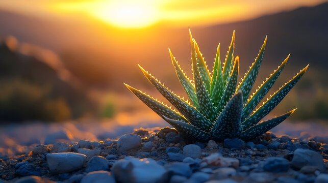 A close-up shot of an aloe vera plant basking in the warm light of a beautiful sunset.