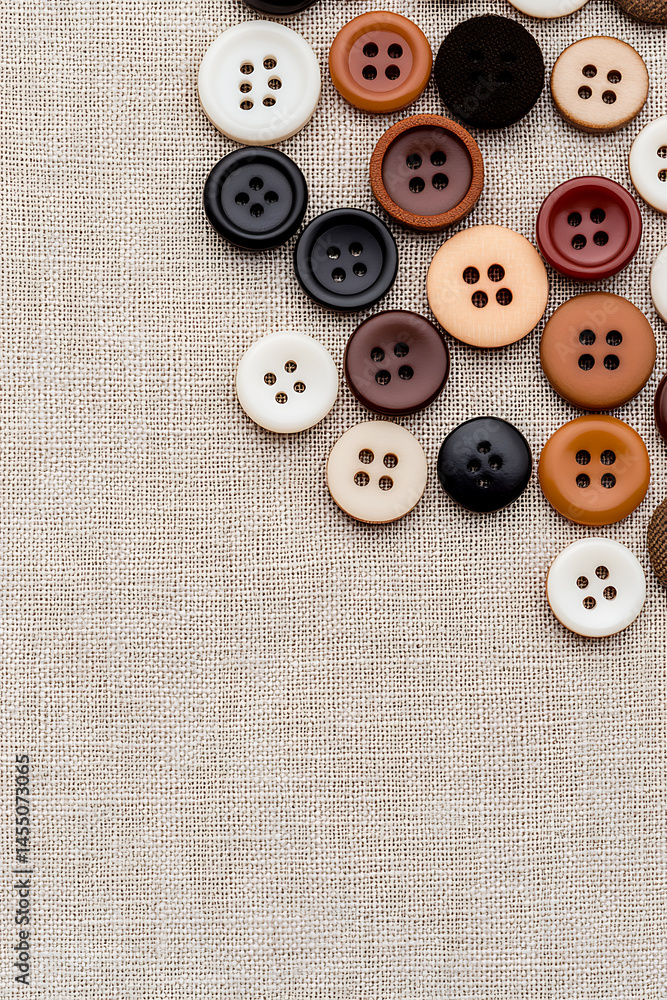 Poster an array of four-hole sewing buttons in various colors and sizes on a textured linen background, per