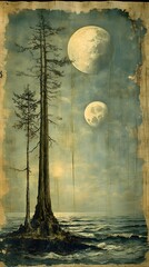 Mystical nocturnal landscape, two large moons over a misty shoreline with tall trees