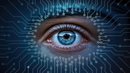 Blue human eye close-up surrounded by dark digital circuit patterns